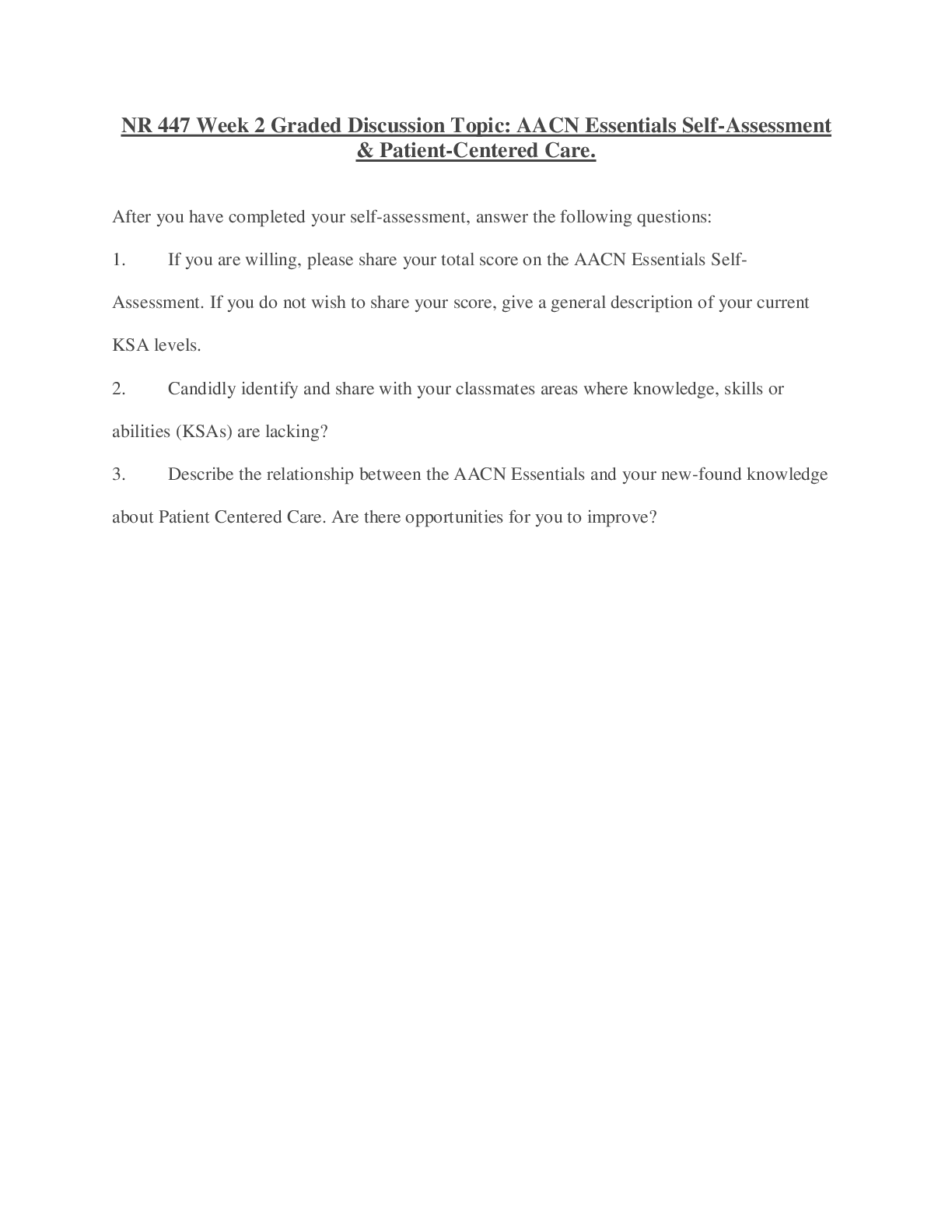 Preview image for NR 447 Week 2 Graded Discussion Topic: AACN Essentials Self-Assessment  & Patient-Centered Care.